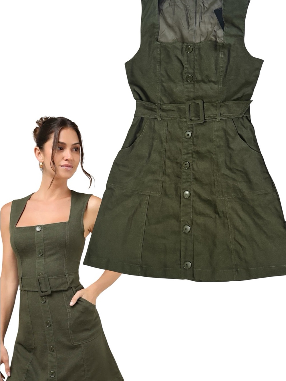 NWT Lulus Modern Composure Olive Linen Belted Utility Mini Dress Pockets Sz S